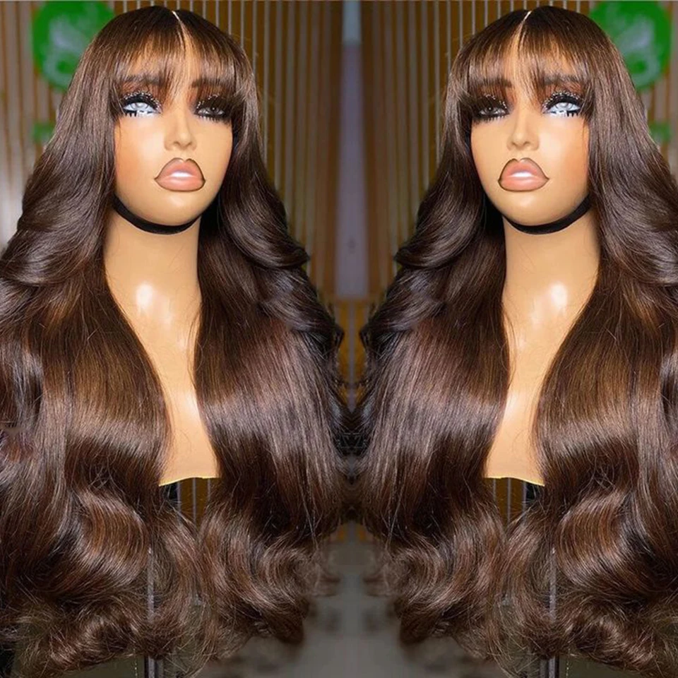 Chocolate Brown 13x6 HD Lace Frontal Human Hair Wig With Bangs Fringe Body Wave Lace Front Wig Colored 4# Cheap Wigs With Bang