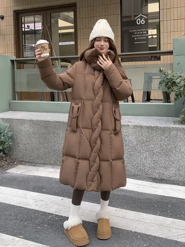 الشتاء طويلة كبيرة التلبيب نفخة أسفل سترة الإناث الدافئة رشاقته باركر أبلى المرأة الأبيض بطة أسفل فضفاضة الركبة طول أسفل سترة