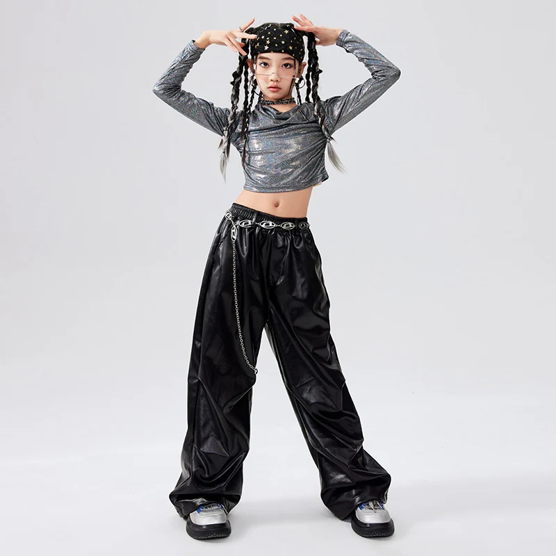 2024 Shine Sliver Crop Tops Zwart Leren Broek Outfits Voor Meisjes Jazzdans Kostuums Kinderen Hip Hop Prestaties Slijtage DQS 18131