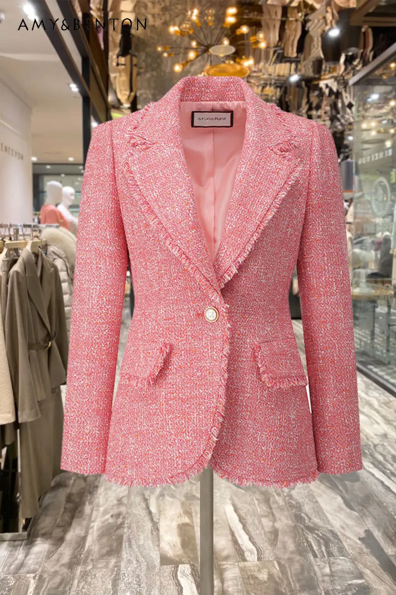 

Fashionable Tweed Pink Suit Jacket for Women Autumn and Winter New Elegant Socialite Suit Long Sleeve Slimming Blazer Coat