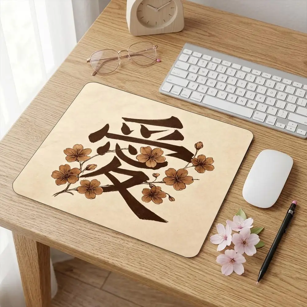 Oriental Love Kanji Flower Square Mouse Pad Non Slip Rubber Desk Mat For Gaming Laptop Keyboard And Home Office Desktop Decor