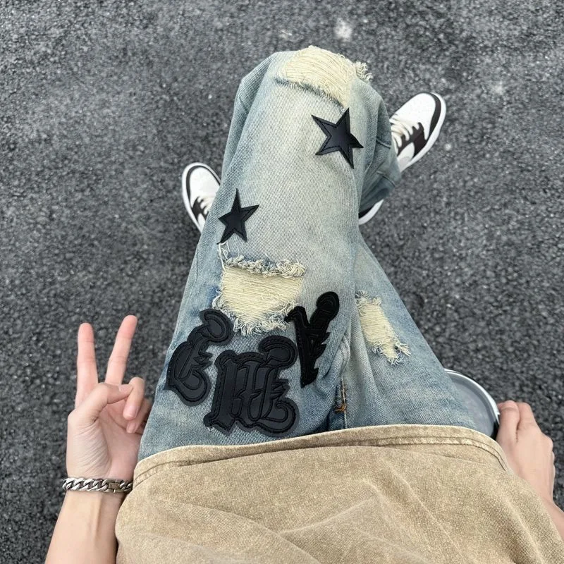 الخريف والربيع موضة جديدة الاتجاه الشارع خمر الرياضة المطبوعة الجينز الرجال عادية مريحة مستقيم الساق الجينز المرنة #6