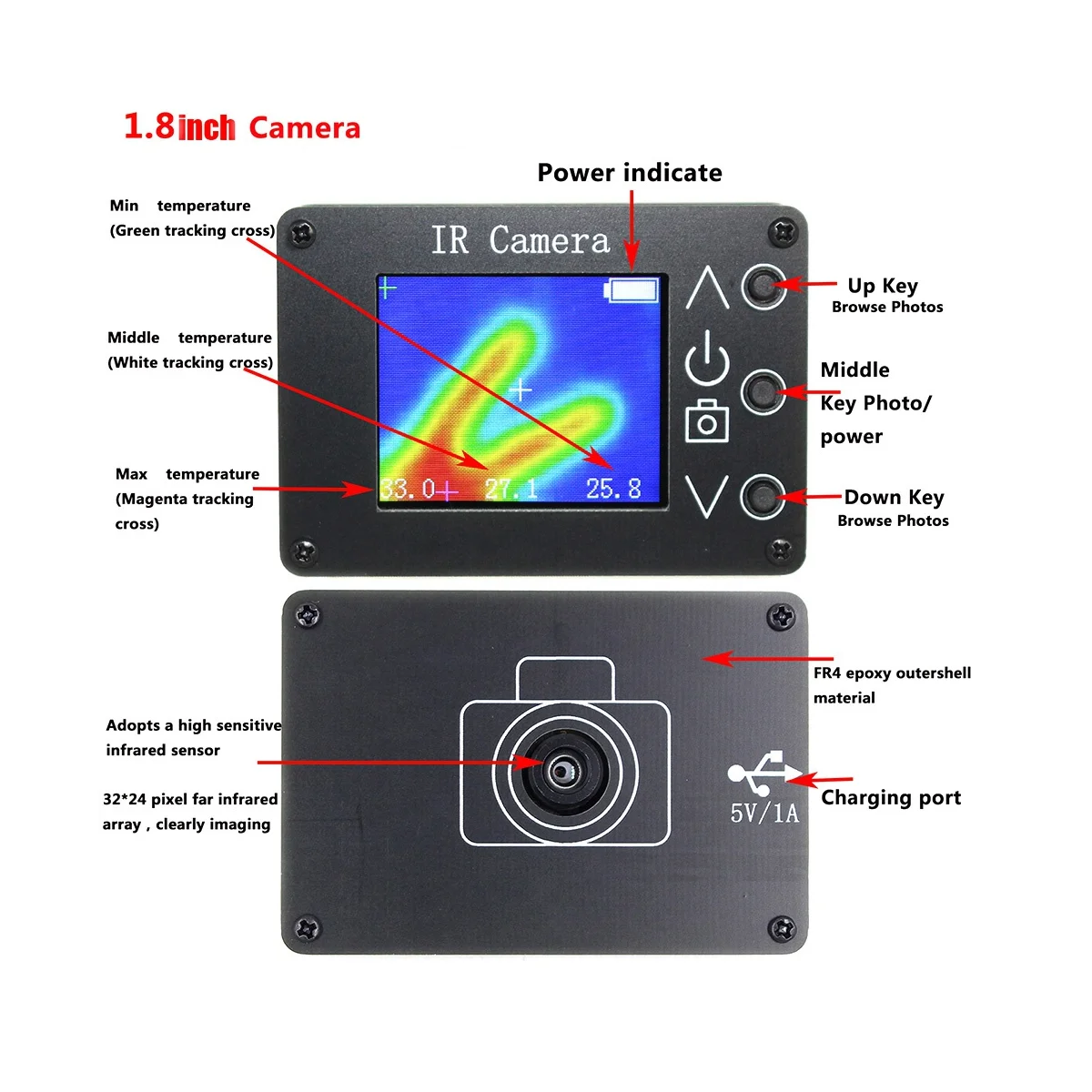 MLX90640 1.8 Inch Infrared Thermal Imager TFT Screen LCD Display Thermal Imaging Camera Handheld Temperature Sensor Tool