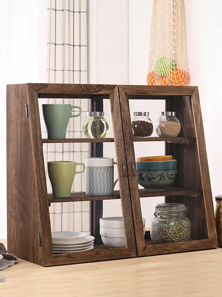 Solid wood display cabinet tea cup tea set dust cosmetics sideboard shelf storage cabinet cupboard tea cabinet