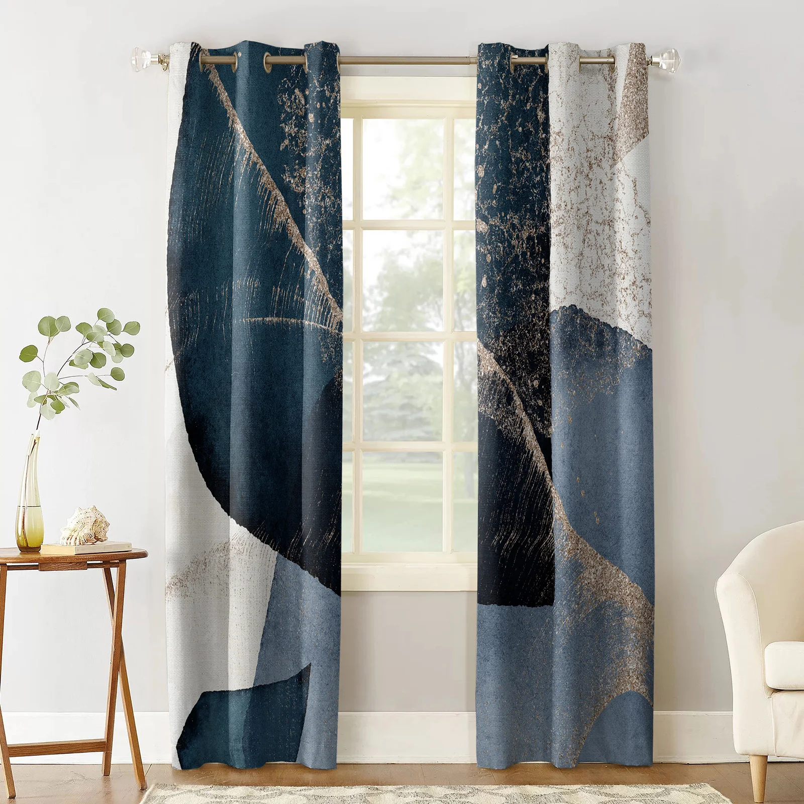 Abstract Art Circle Square Stripe Blue Window Curtain Living Room Kitchen Curtain Panel Blackout Curtains For Bedroom