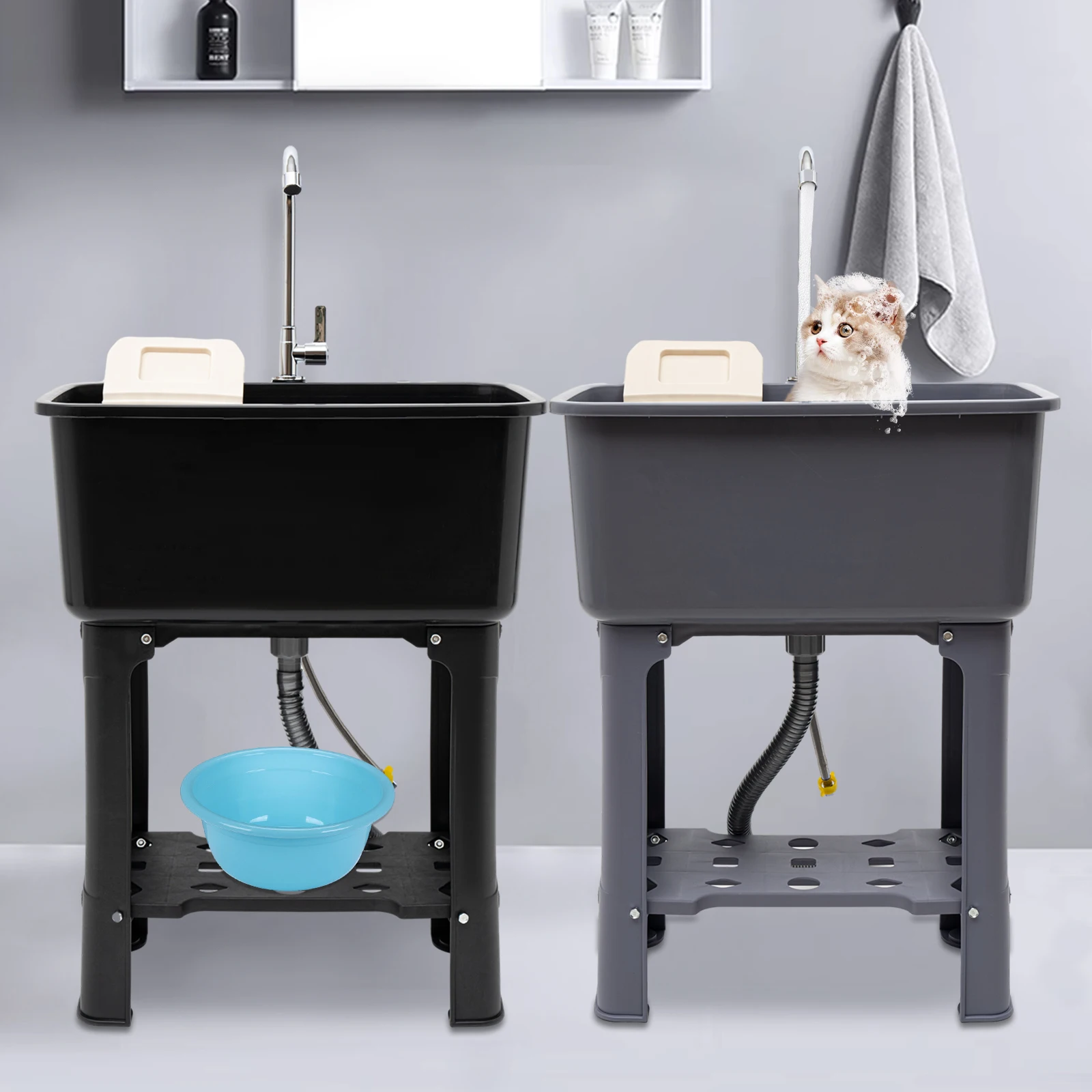 حوض المرافق مع 360 °   صنبور، حوض غسيل بسعة كبيرة 48 لتر لتنظيف جراج المطبخ، حوض PP قائم بذاته مع لوح غسيل