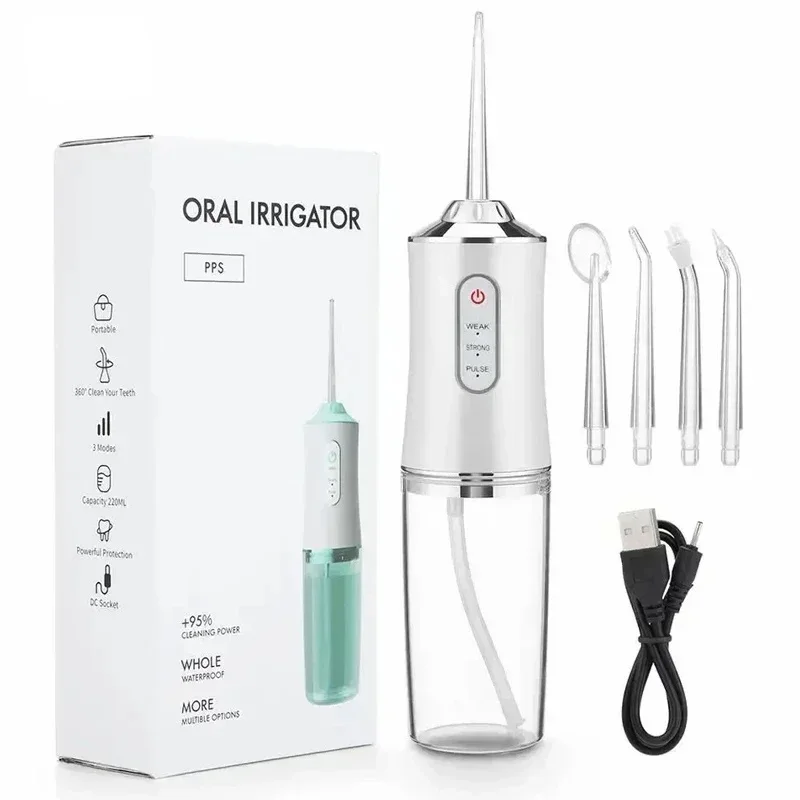 Oral Irrigator Portable Dental Water Flosser USB Rechargeable Water Jet Floss Tooth Pick 4 Jet Tip 220ml 3 Modes Teeth Cleaner