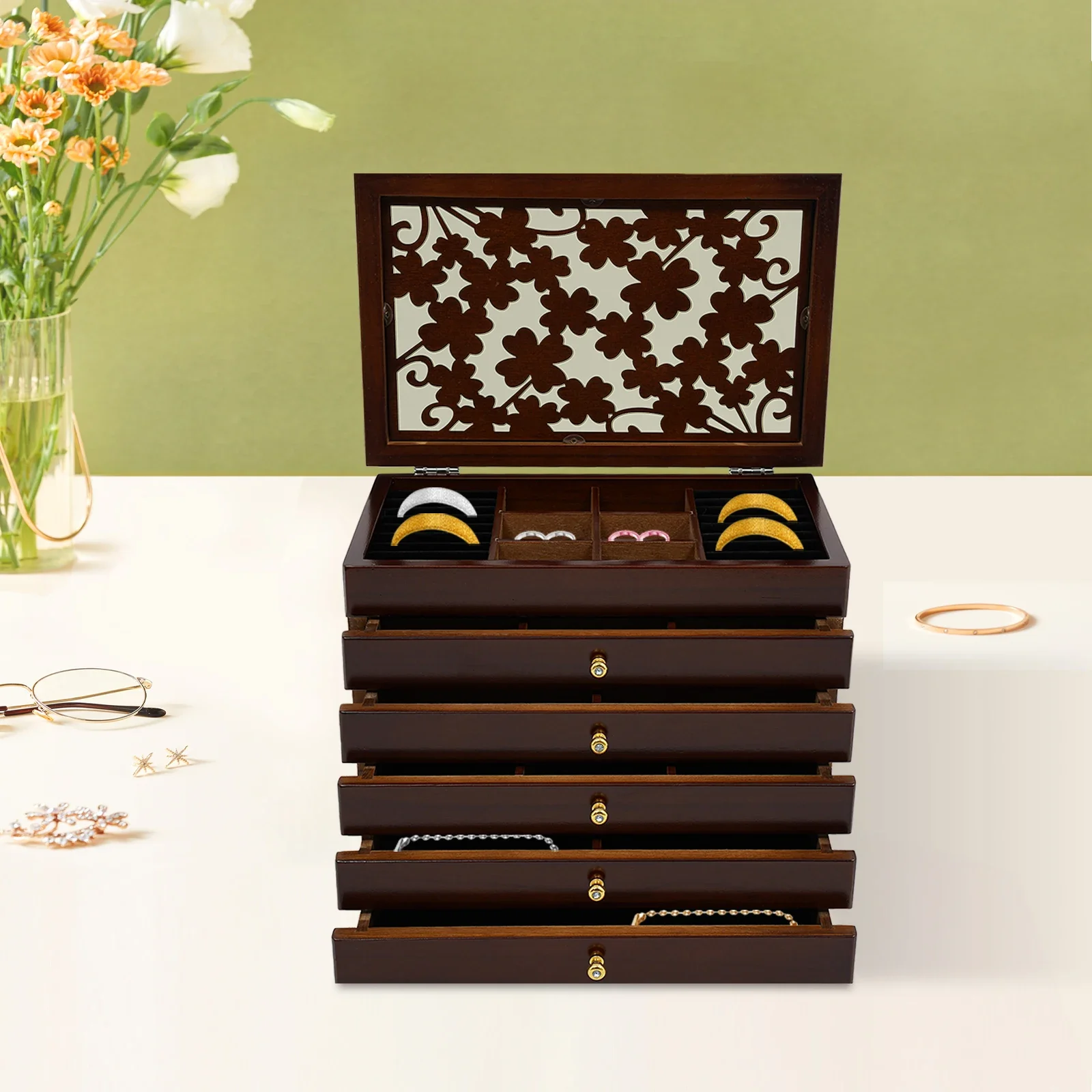 

6-Layer Vintage Jewelry Box, Rectangular Jewelry Storage Box for storing rings, earrings, bracelets, and necklaces