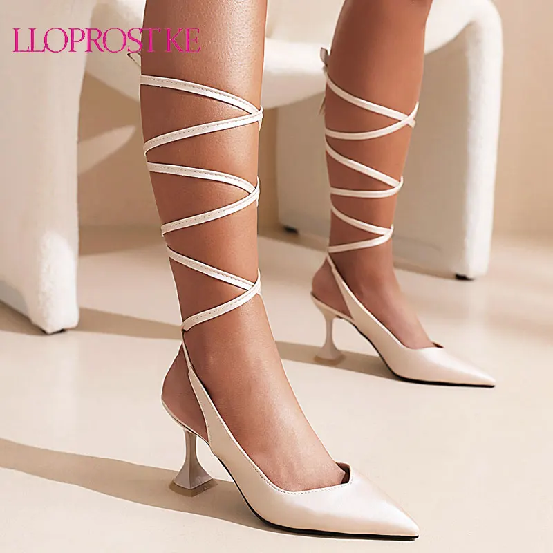 

Lloprost ke 2022 Summer Women Pumps Fashion Lace Up High Heels Office Lady Dress Party Shoes Beige Orange Red Yellow Big Size 48