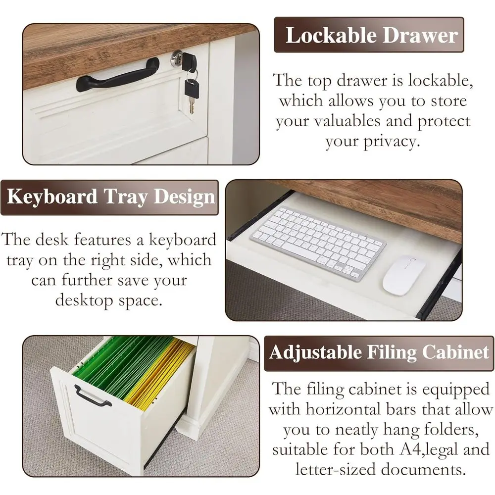 مكتب زاوية ريفي 69 على شكل حرف L مع صينية لوحة مفاتيح، وحدة تخزين قابلة للقفل، وخزانة ملفات قابلة للتعديل، ومحطة شحن #4