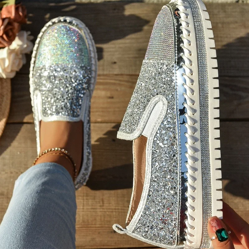 Women Sequins Sneakers Fashion Lace Up Platform Loafers Platform Anti-slip Casual Comfortable Sneakers Women Zapatos De Mujer