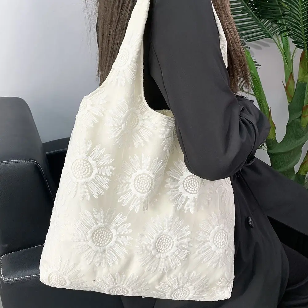 

Portable Sunflower Embroidery Women's Shoulder Bag Soft Lace Casual Tote Bags INS Large Capacity Solid Color Handbag Daily Use