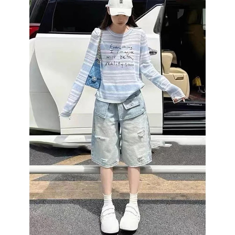 YIBASHU American Vintage Y2k 90s Cargo Pants Women Harajuku Oversized Baggy Summer Short Trousers Streetwear Korean Blue Capris