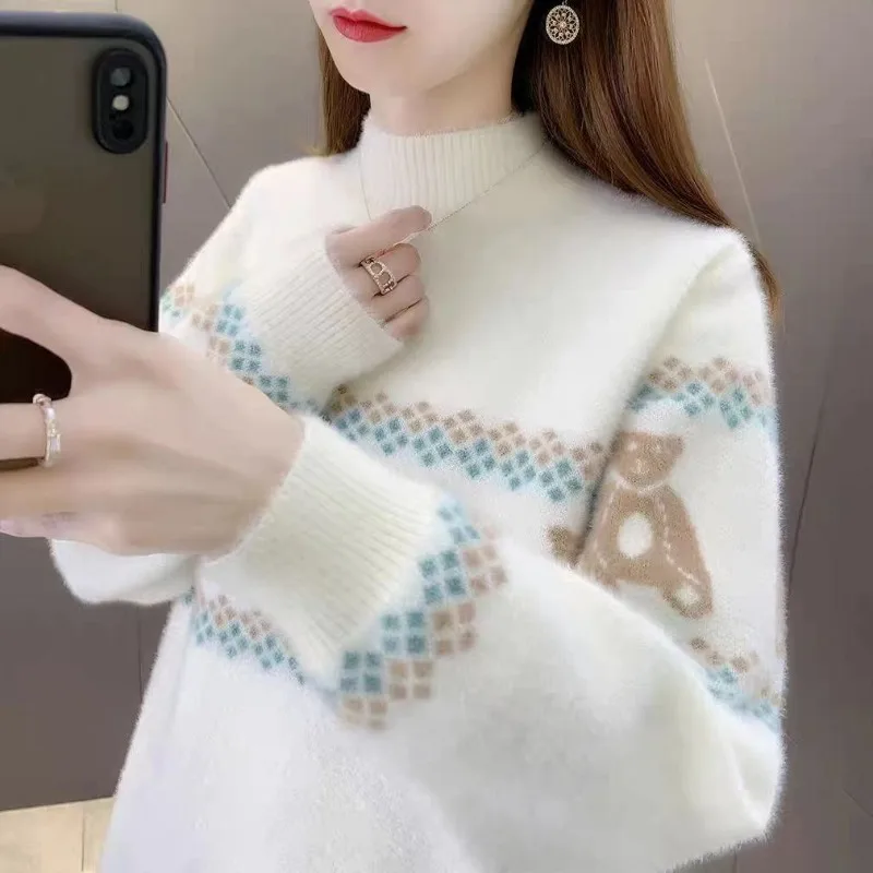 

Women's Autumn Winter Pullover Turtleneck Cartoon Plaid Solid Flocking Long Sleeve Sweater Knitted Undershirt Elegant Tops