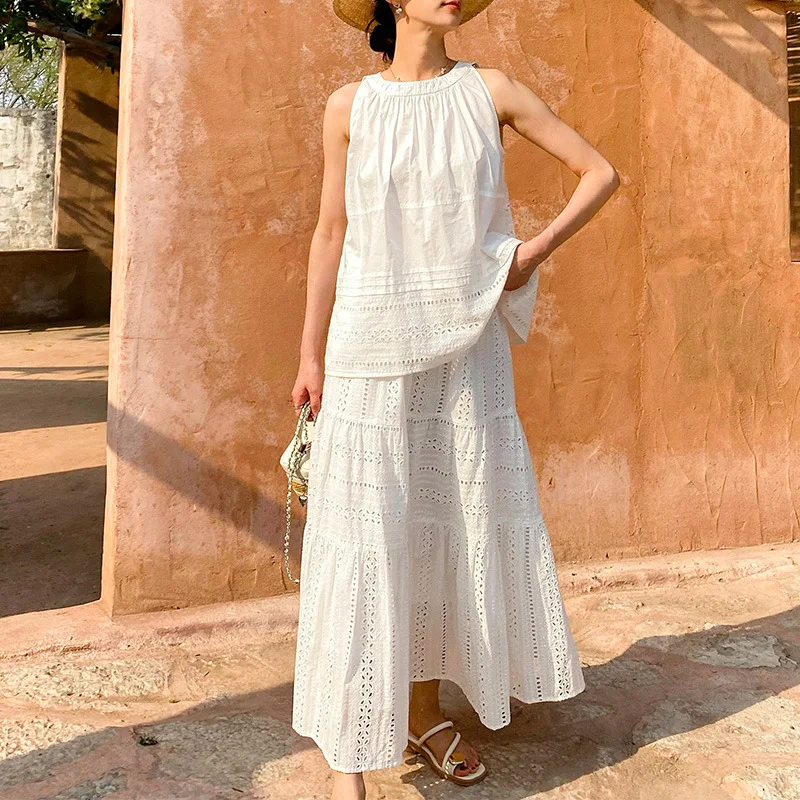 

French Chic Elegant Women Skirt A-line White Summer 100% Cotton Hollow Out Sexy Elastic Waist Vacation Ladies Falda New