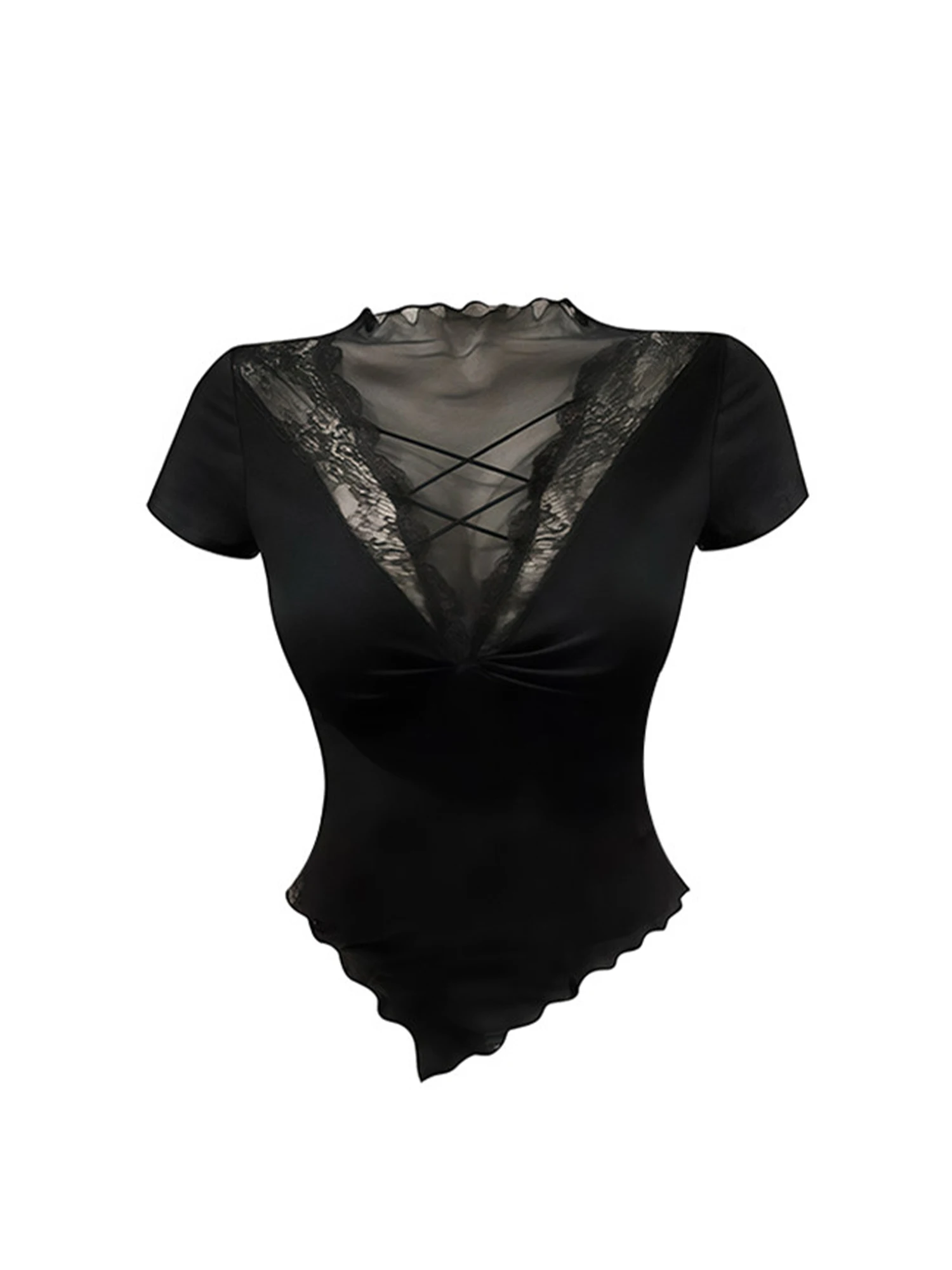 Women's Gothic Emo Y2K T-shirt Black Short Sleeve Lace Mesh Patchwork Sexy Deep V T-Shirt Vintage Aesthetic Tee Top Summer 2026