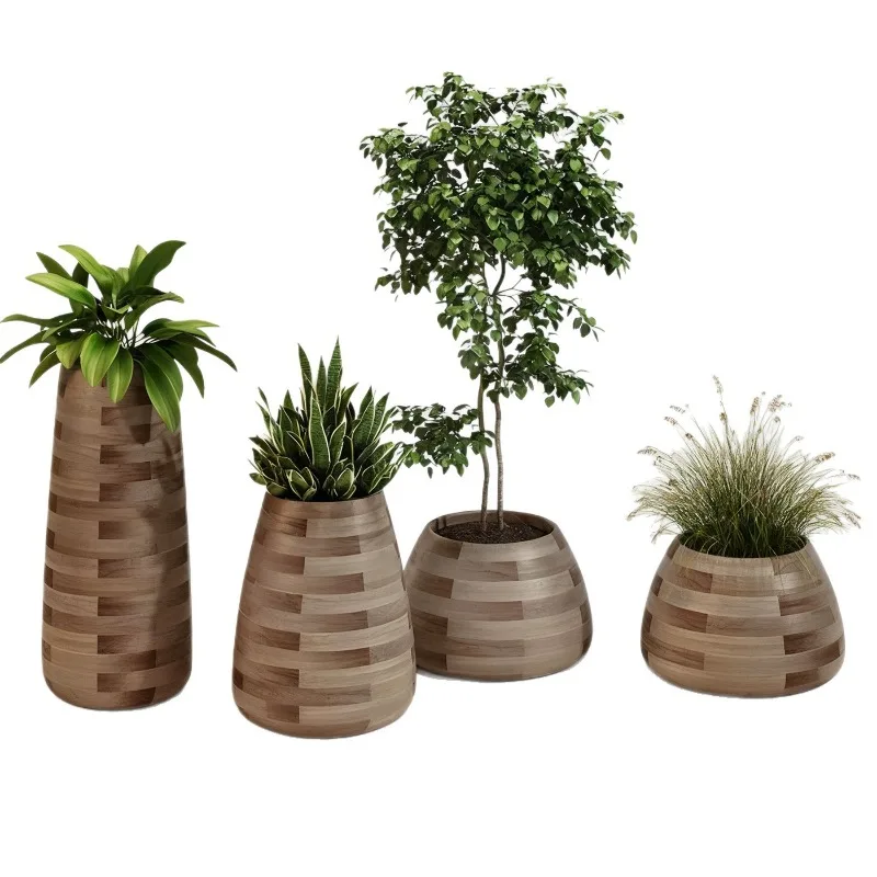 Fiberglass imitation wood grain flower pot combination outdoor courtyard decoration ornament circular