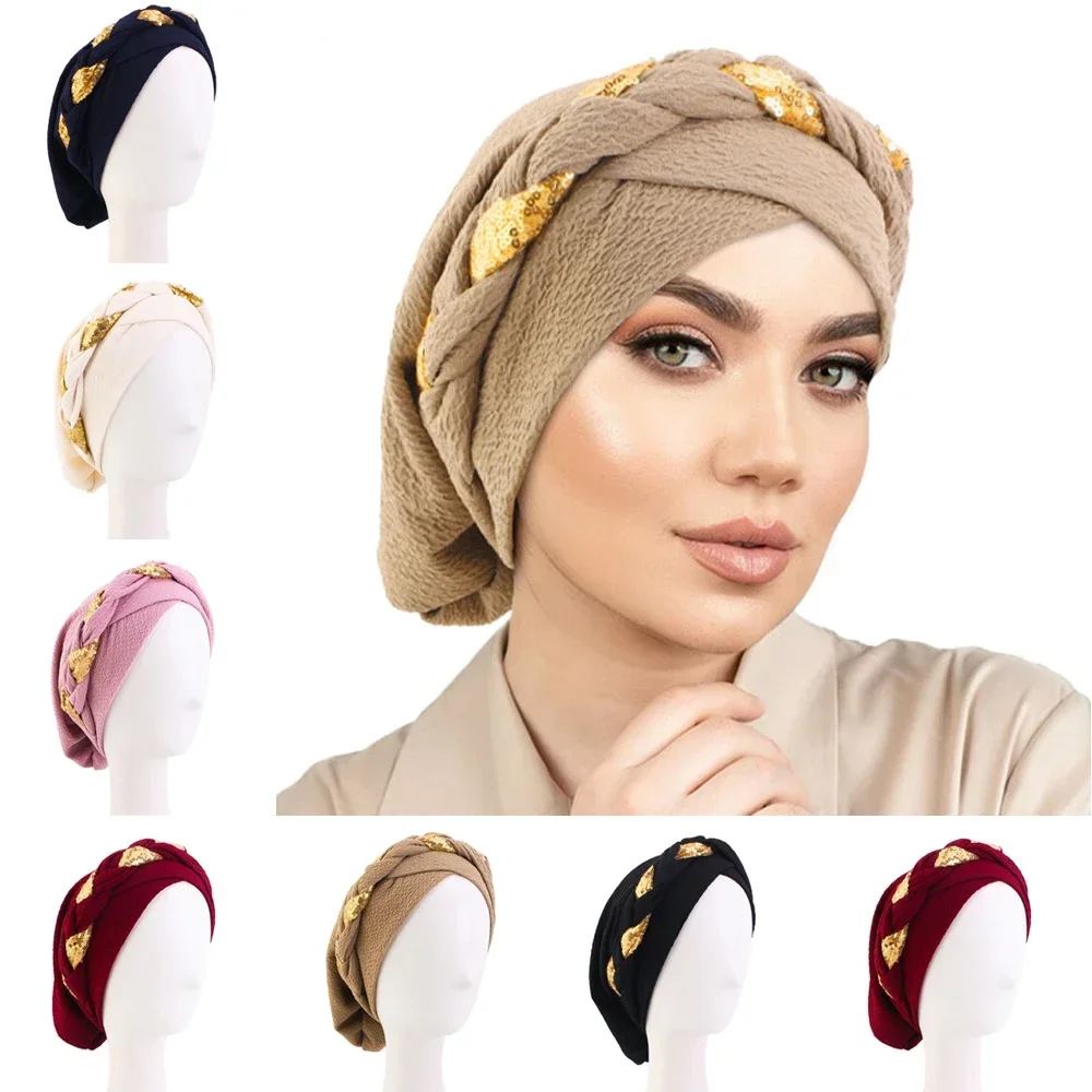 

Шапка-тюрбан с пайетками 2026 для мусульманок, с плетеным узором, хиджаб, шапка для химиотерапии, внутренний хиджаб, женская мусульманская арабская головная повязка, тюрбаны