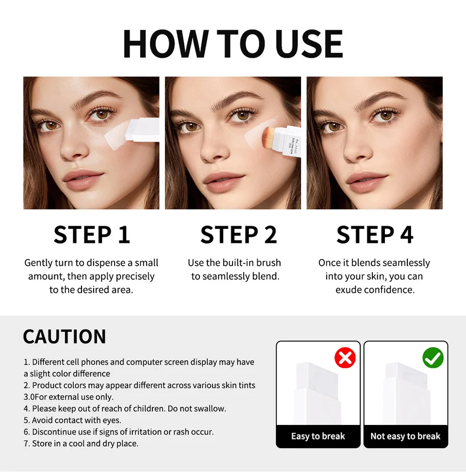 2-in-1 カラーチェンジング ファンデーション スティック 1 個、韓国スタイルのカラーチェンジング ファンデーション スティック、ボリュフィリン配合 - ミディアムからフルカバー、保湿ベースメイク - 両端取り外し可能なブラシ、女性用化粧品、ホリデーギフト