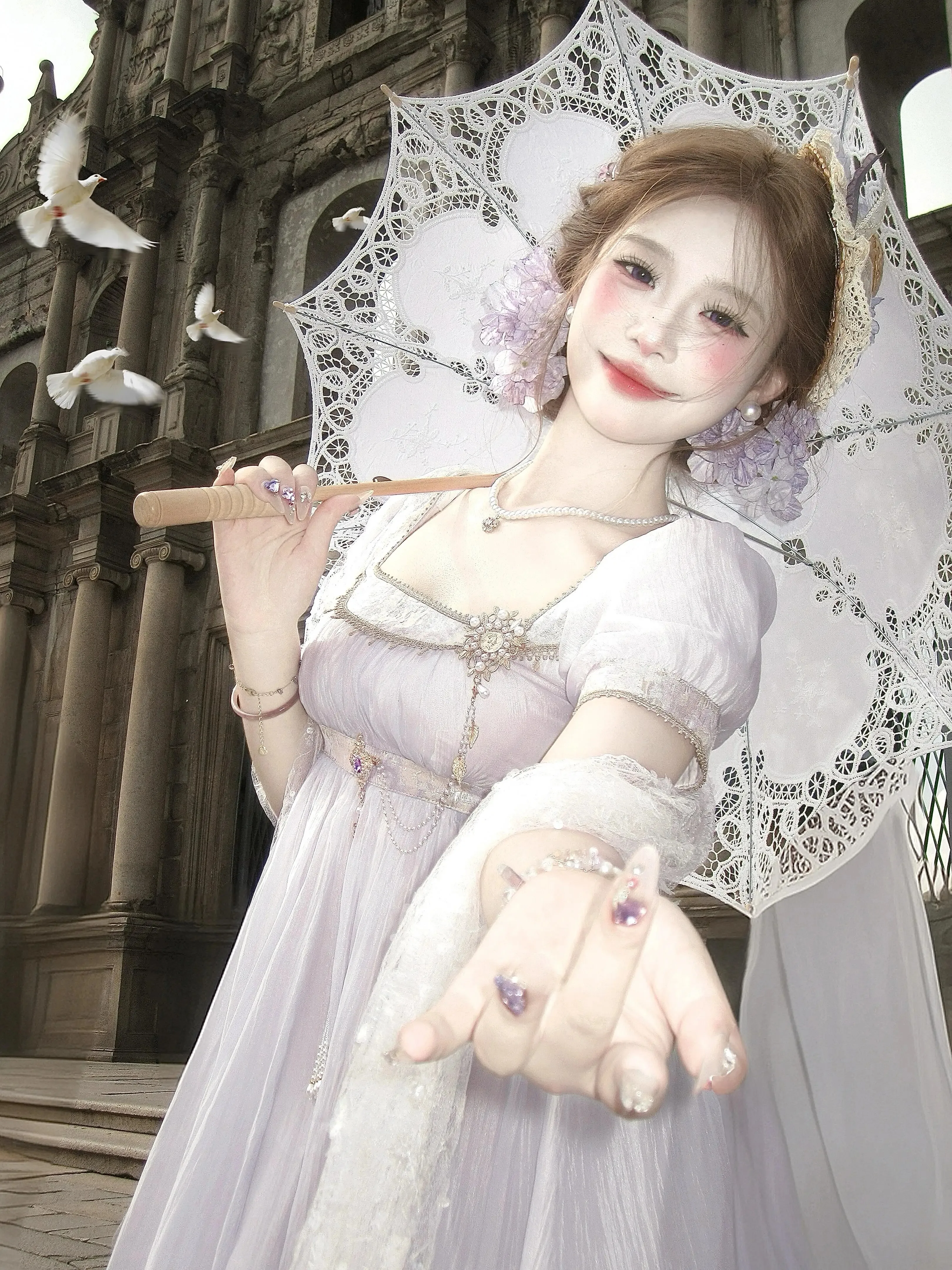

Elegant Harajuku Style Regency Empire Waist Lolita Gown Vintage Green Lace Beaded Formal Dress