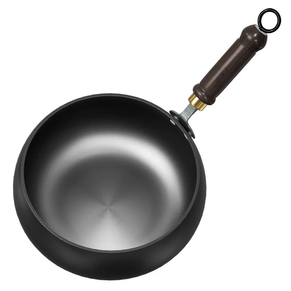 

Nonstick Wok with Wooden Handle Uncoated Iron Pan for Indoor and Outdoor Cooking