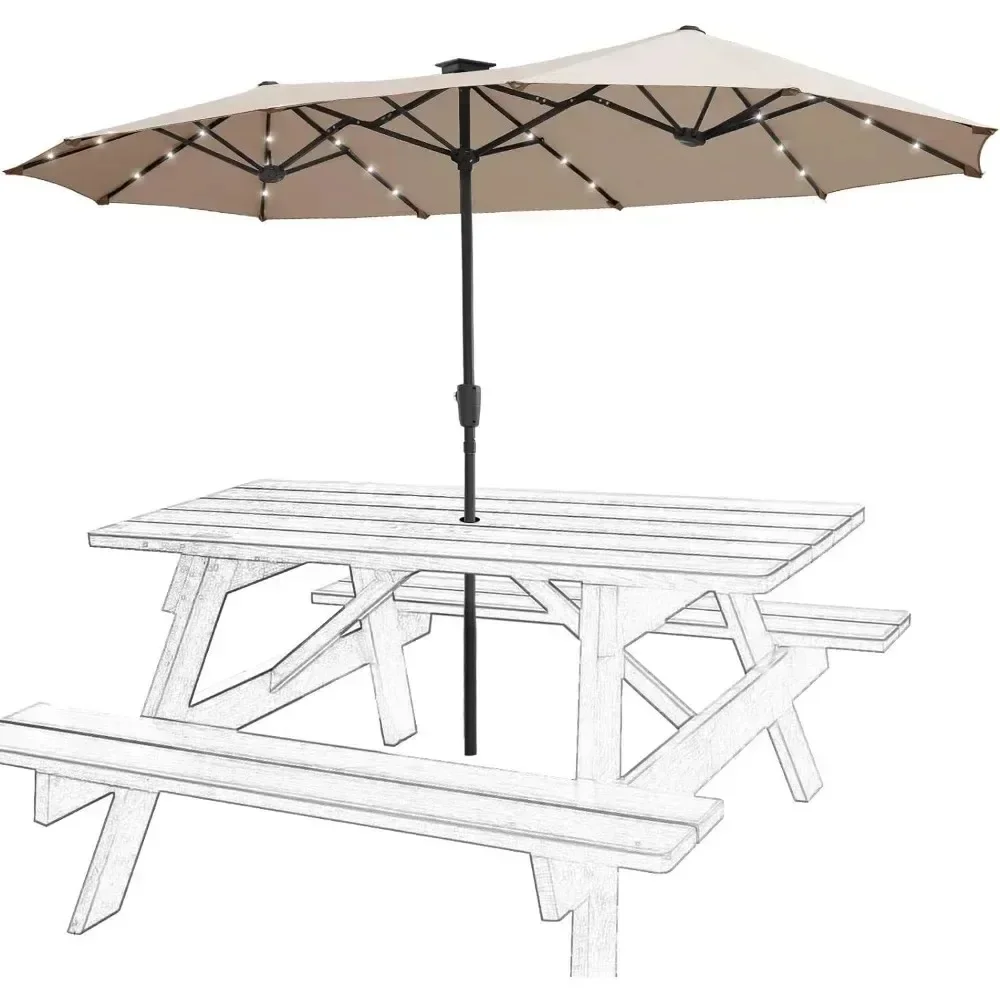 

13FT Outdoor Patio Offset Umbrella w/32 LED Lights,Solar LED Cantilever Umbrella w/ Crank & Cross Base for Garden Yard Deck Pool