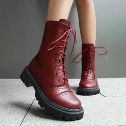 Burgundy Wine Red Round Toe Flat Shoes Gothic Punk Ankle Motorcycle Boots for Women Lace-up Brogue Design British Boot Winter