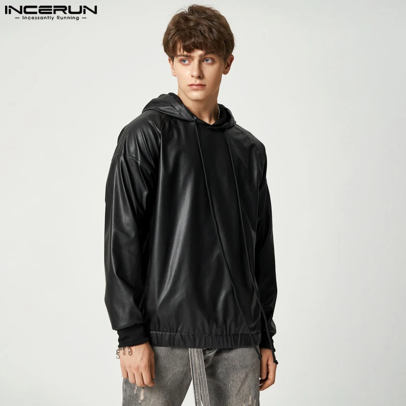 Stylish Hot Sale Men Tops INCERUN 2024 Reflective Leather Solid Hooded Hoodies Casual Male Long Sleeved Drawstring Sweater S-5XL