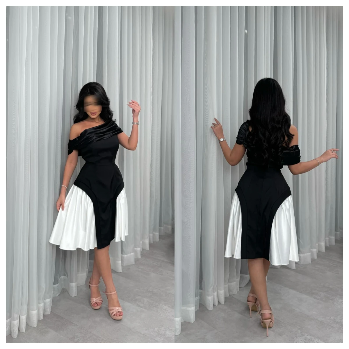 

Customized Elegant Black Satin Evening Dress Off the Shoulder Short Sleeves Homecoming Dress Bridal Party Temperament Formal