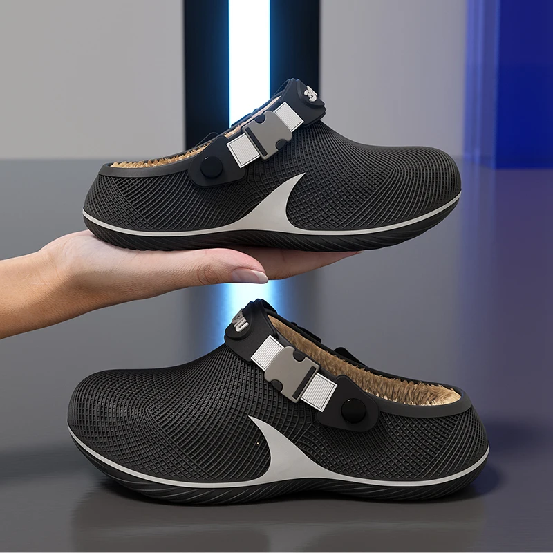 Wasserdichte Eva-Fell-Clogs-Hausschuhe für Herren 2026 Winter Chunky-Plateau Warme Plüsch-Mules-Hausschuhe mit dicker Sohle Rutschfeste Hausschuhe – Detail 7