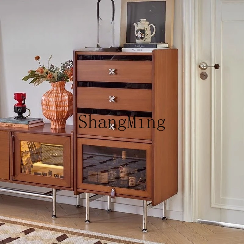 

FG medieval style solid wood vertical cabinet living room small apartment TV sofa wall narrow cabinet