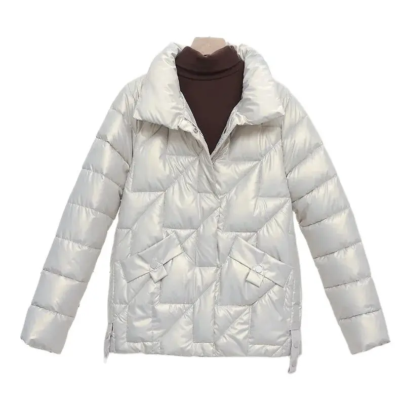 

4XL Solid Color Shiny Short Down Cotton Coat Women's 2023 Korean Parka Loose Winter Zipper Cotton Jacket Quilted Warm OutCoats