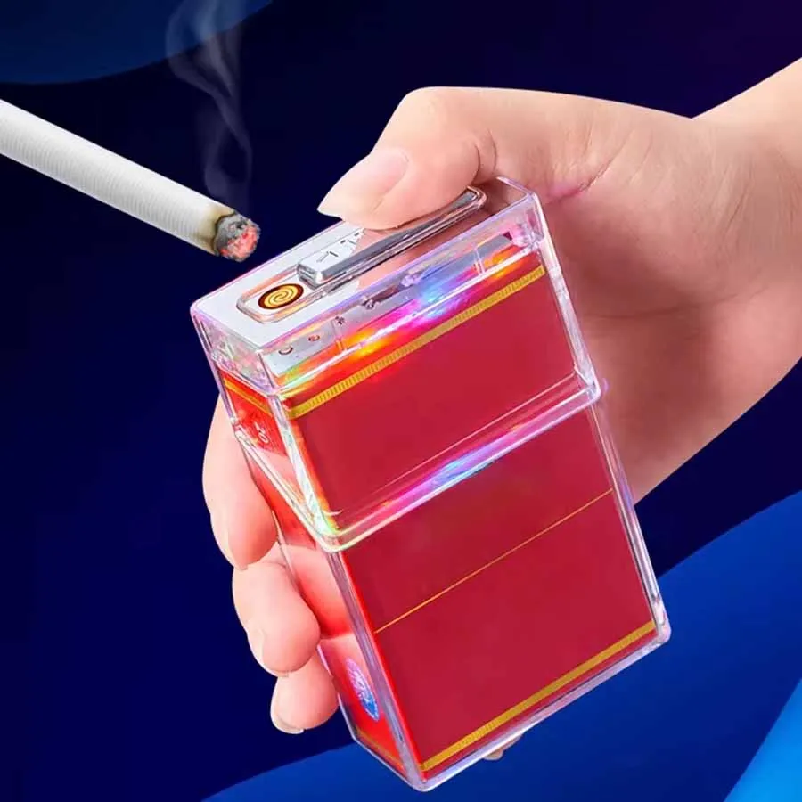 Cigarette Storage Box with Cigarette Lighter LED USB Rechargeable Lighter 20 Cigarette Box Sealed Moisture-proof Storage Box 1PC