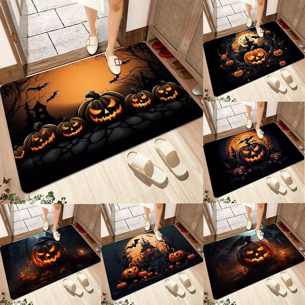 Fußmatte mit Halloween-Thema und gruseligem Kürbis, Fledermaus, Spukhaus-Muster, weicher dekorativer Eingangsbereich für Zuhause und Innenbereich