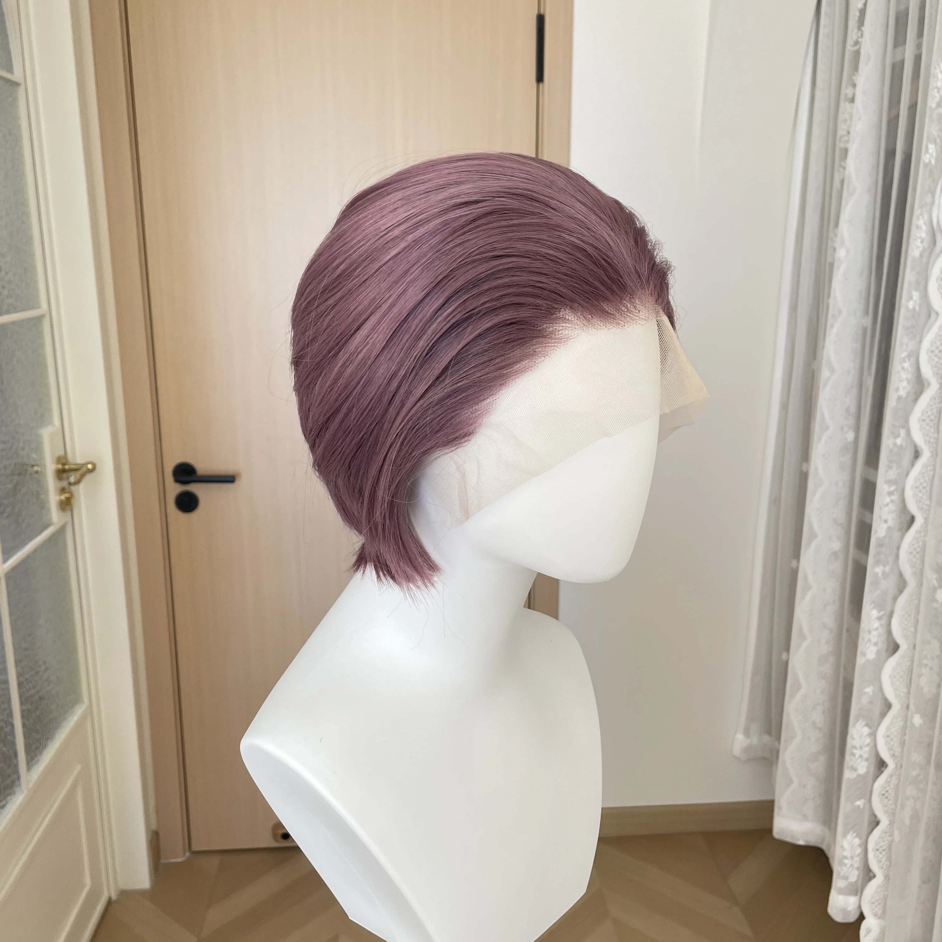 Фото Синтетические парики-каре короткой фиолетовой длины для женщин, парики для косплея для мужчин, безклеевые парики с кружевной передней частью 13x4, парики-пикси, полуручной работы, плотность 150%