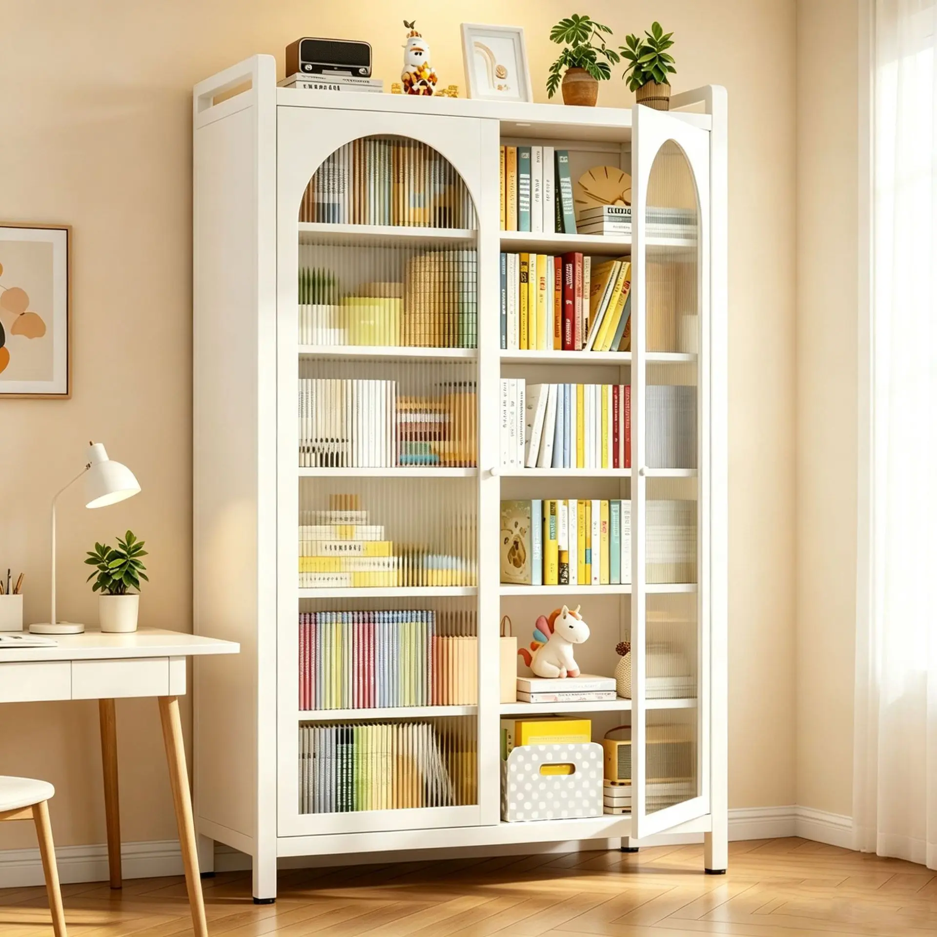 Household bookshelf Steel bookcase Locker integrated wall multi-layer storage cabinet Living room dust-proof wrought iron shelf