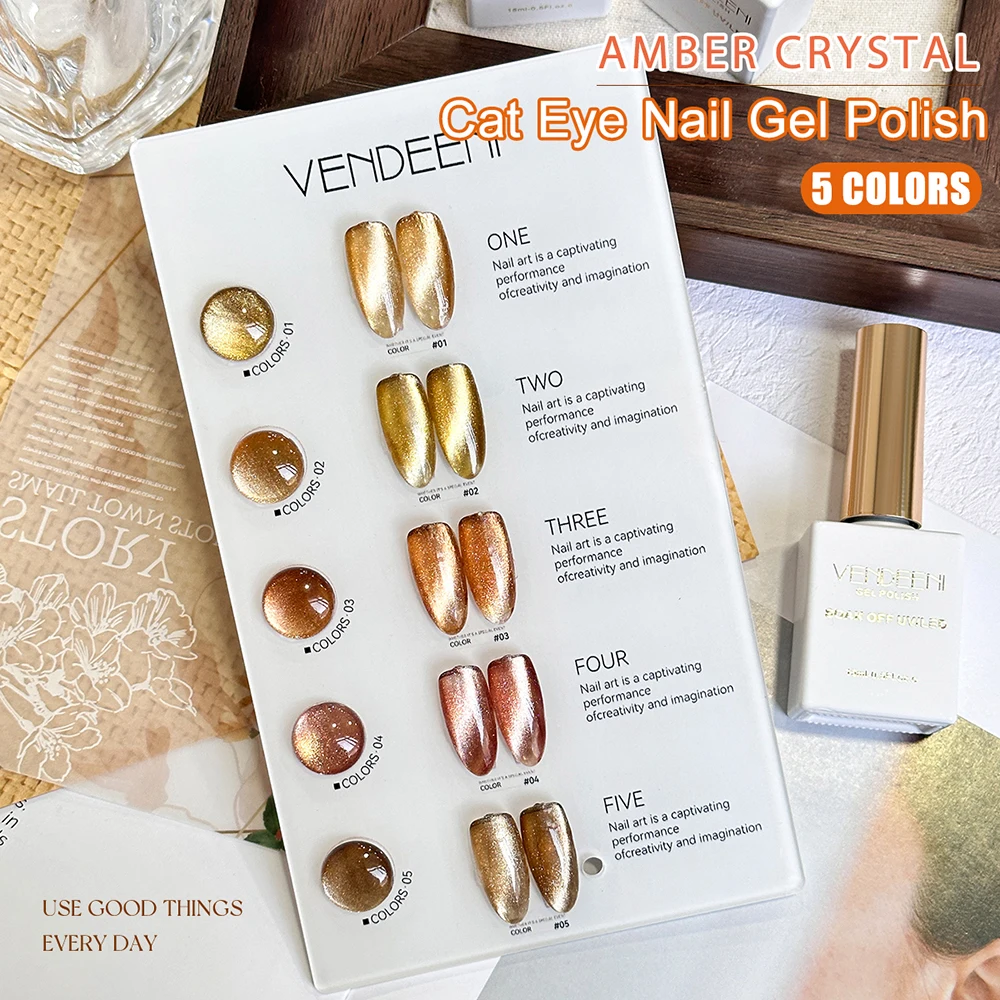 Vendeeni 5 Colors/Set Amber Crystal Cat Eye Gel Nail Polish Magnetic UV LED Gel Varnish Golden Brown Cat Eye Gel With Display