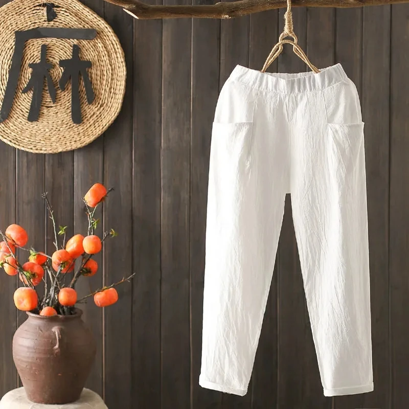 

High Waist Wide Leg Pants Women's Summer Thin Style Slimming Loose Straight Cut Trousers Pure Color Lantern Nine Points