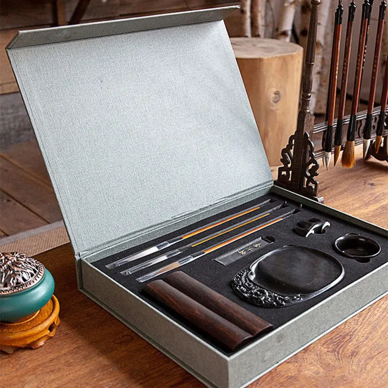 Four Treasures of the Study Calligraphy Set with Wolf and Sheep Hair Brushes, Ink Stick, Ink Stone and Rice Paper in a Gift