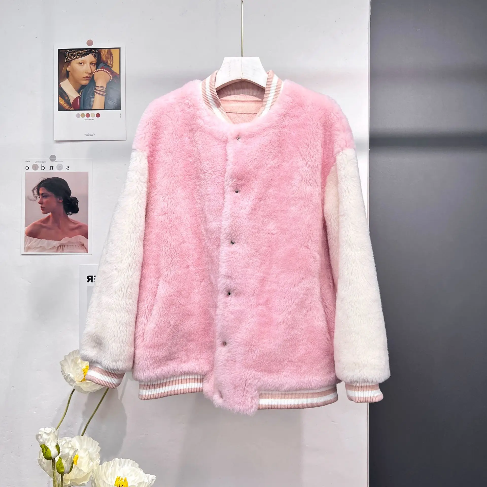 

Autumn/Winter New Fur Coat Baseball Jersey Australian Wool Pellet Women's Short Youth Casual 2023