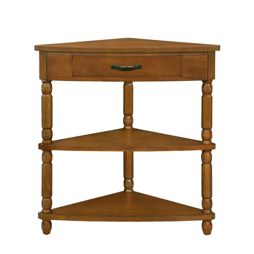 Small triangular wood corner table for small spaces/living rooms, triple end corner table, solid wood legs, brown