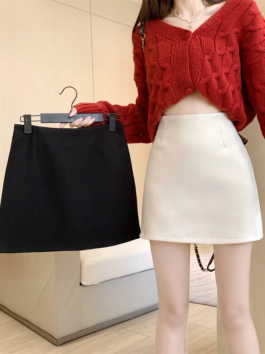 

High Waist ort Woolen Skirt Women's plus Size Slimming Fitted White Wrap around Skirt A-Line Silhouette Simple Color