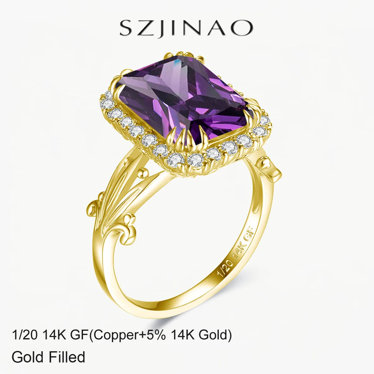 Retro Solid 14K Gold Filled Amethyst Ring for Women 10x14mm Gemstone Vintage Engraving Design for Party Luxury Jewelry Gift