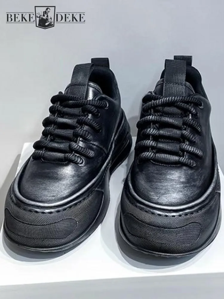 Vintage New Mens Lace Up Low Cut Thick Platform Skateboard Shoes Round Toe Jogges Sneakers Casual Cowhide Genuine Leather Shoes