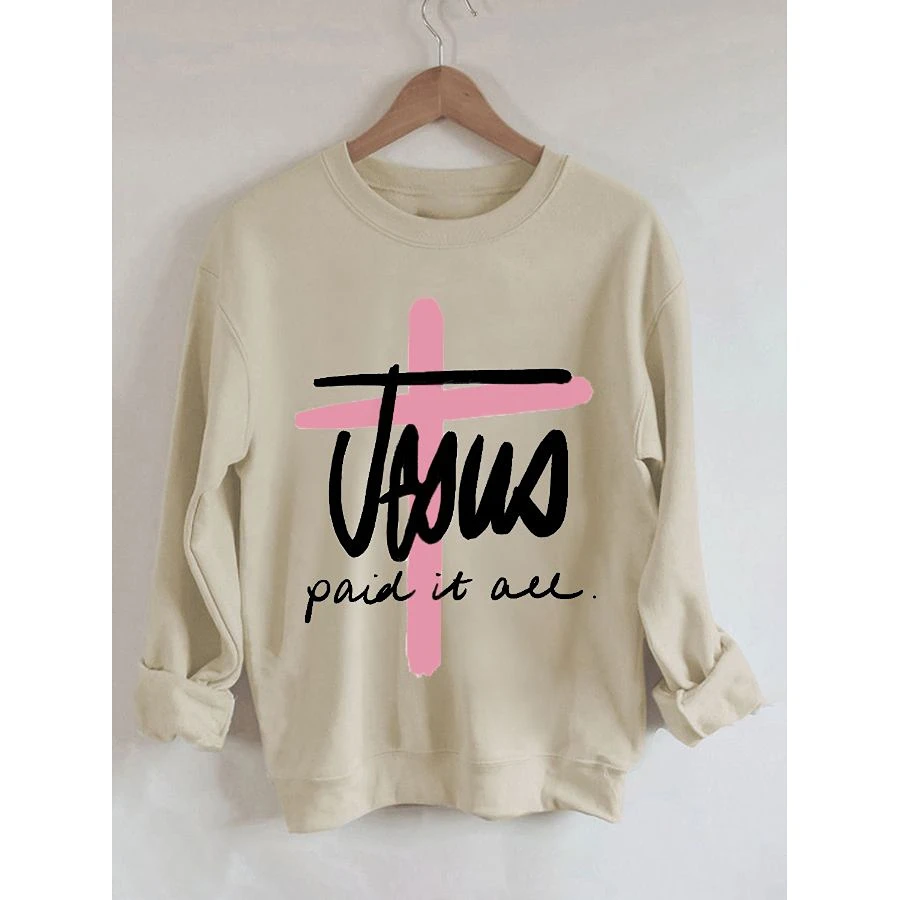 

Rheaclots Jesus Paid It All Print Women's Retro Vintage Cotton Long Sleeves Sweatshirt