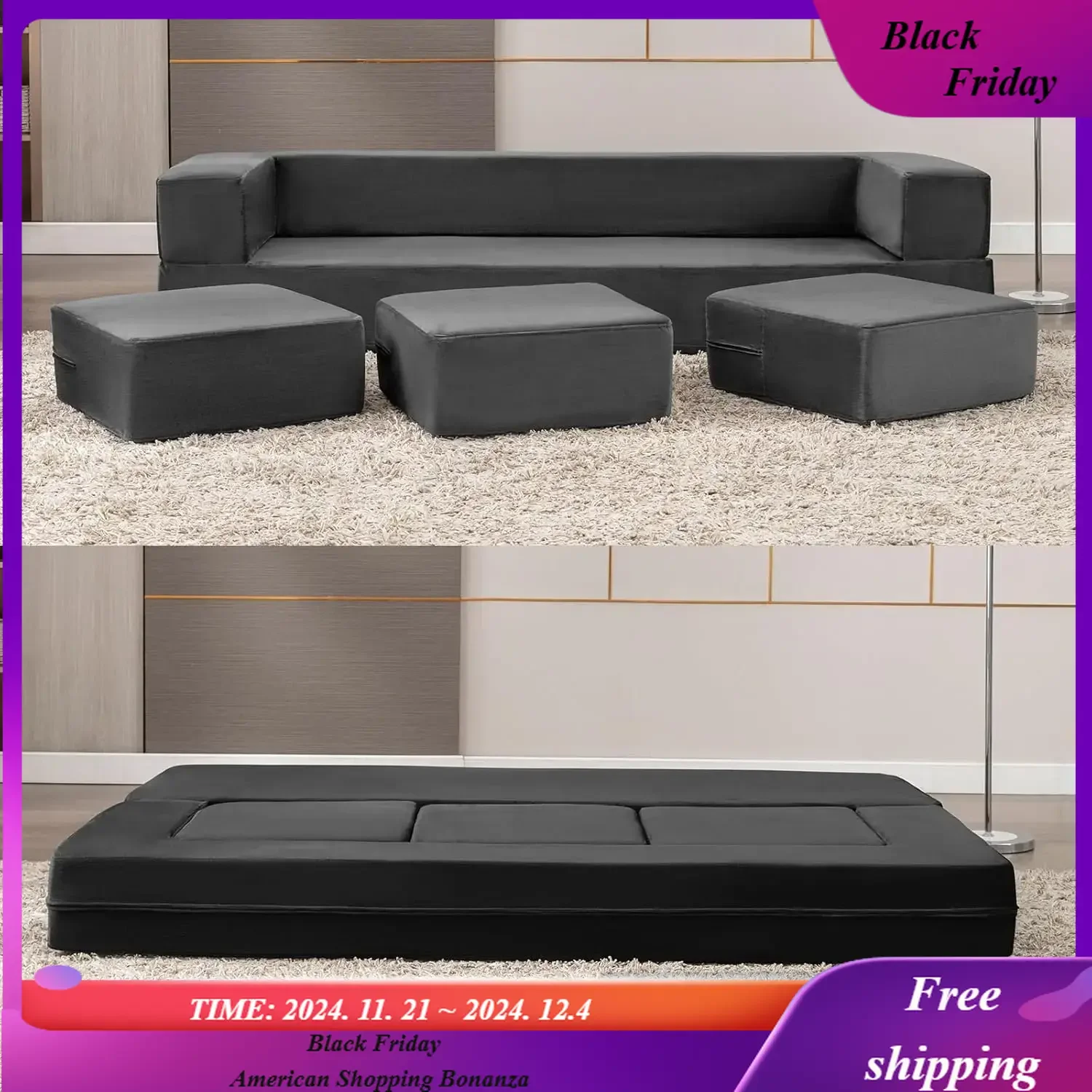 Folding Sofa Bed, Velvet Convertible Floor Sleeper Sofa with 3 Ottomans, Upholstered 2-in-1 Fold Out Couch Bed