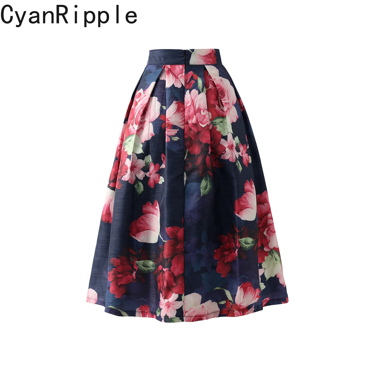 High Quality New Spring Summer Blue Flowers Printed Hepburn Women Skirt Elegant Mid-length High Waist A-line Female Puff Skirts