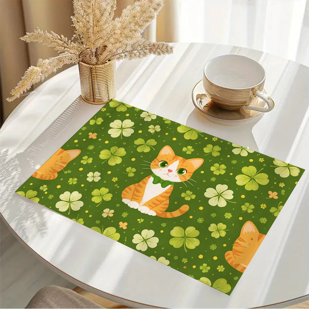 Stylish Orange Cat & Green Clover Placemat, Easy to Clean Table Pad for Kitchen, Dining, Coffee Table, Home Decor & Holiday Gift