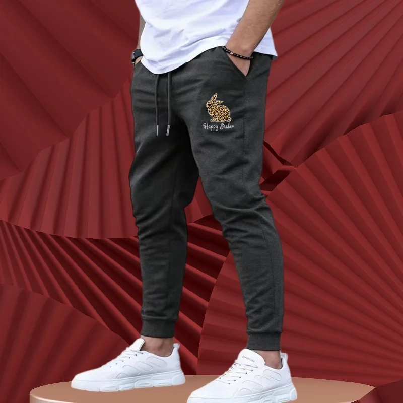 Men's Happy Easter Leopard Bunny Print Jogger Pants Casual Elastic Waist Drawstring Sweatpants For Streetwear & Daily Wear