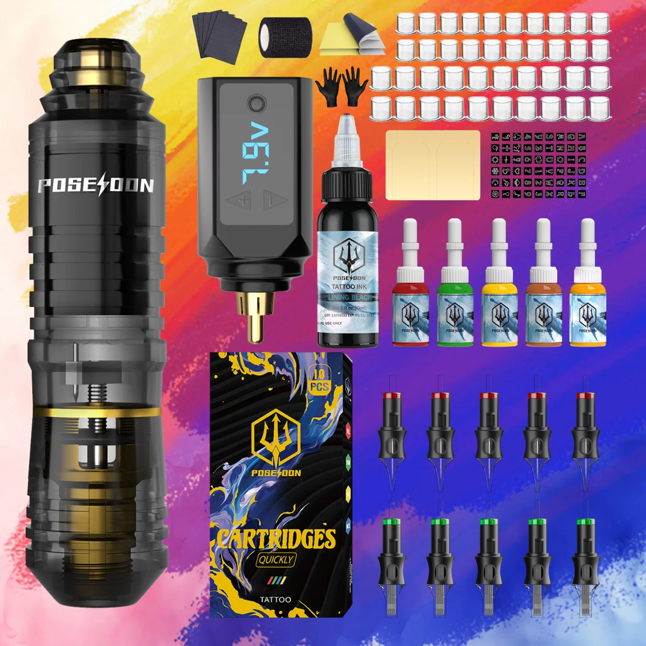 

POSEIDON Tattoo Kit High Quality Tattoo Pen Kit For Permanent Makeup Tattoo Machine Kit 10PCS Tattoo Needle Black Tattoo Gun Kit
